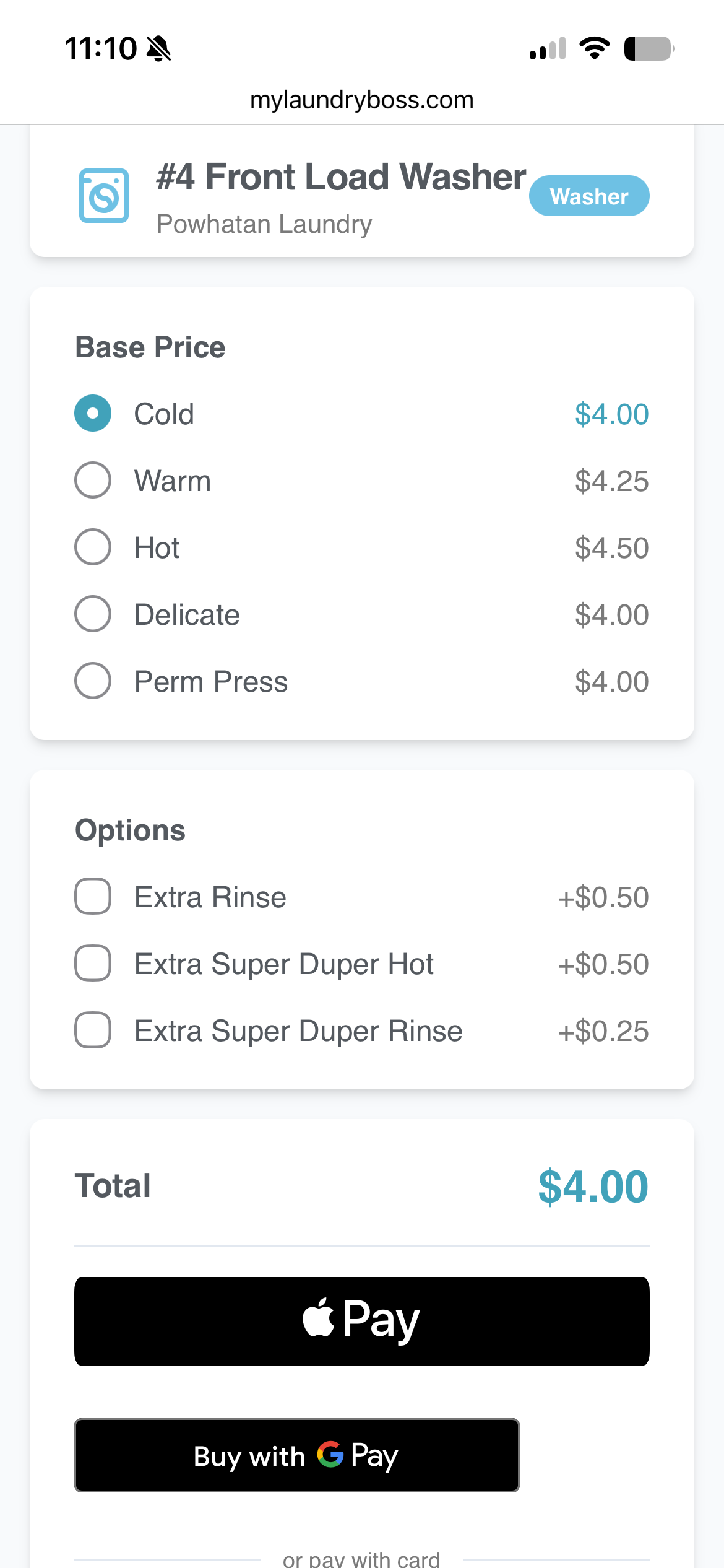 Choosing a wash cycle and add-ons on mylaundryboss.com guest checkout