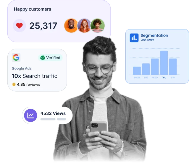 A laundry customer using the app on their phone, surrounded by highlights of happy customers, verified reviews and search traffic growth
